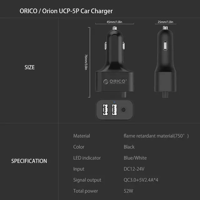 Alt view image 7 of 7 - ORICO Portable 5 Ports QC3.0 USB Car Charger Universal USB Fast Adapter 52W USB Car Charger with Expander For MPV Car Mobile Phones Tablet PC 12V24V Available