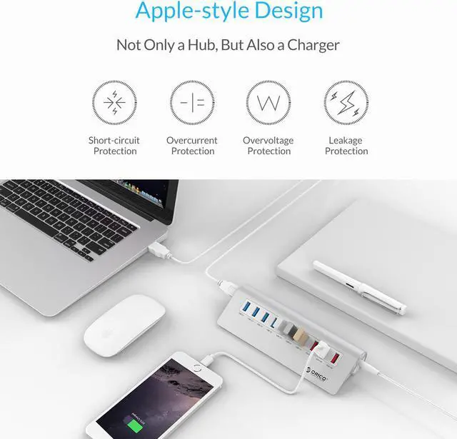 Alt view image 5 of 7 - ORICO Aluminum 10 Port Super Fast Speed USB 3.0 with 7 USB3.0 Ports, 3 USB Charging Ports,36W(12V3A) Hogh Power Adapter 5Gbps Data Transfer Desktop HUB VL812 Chipset for Mac,Windows,XP,Vista and Linux