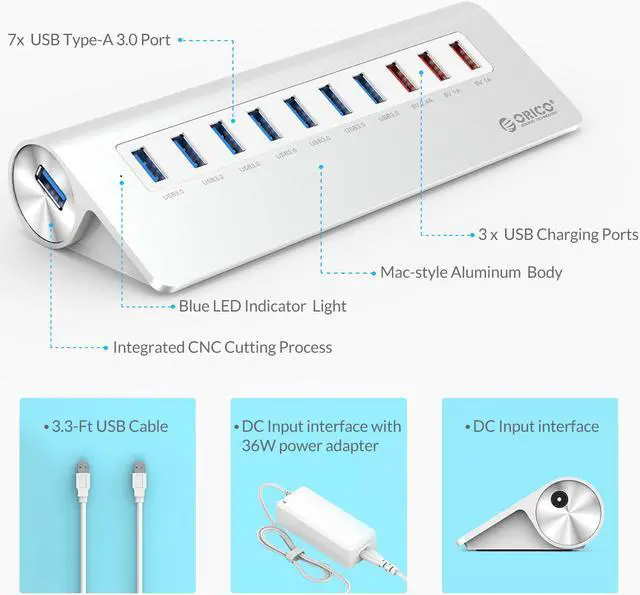 Alt view image 2 of 7 - ORICO Aluminum 10 Port Super Fast Speed USB 3.0 with 7 USB3.0 Ports, 3 USB Charging Ports,36W(12V3A) Hogh Power Adapter 5Gbps Data Transfer Desktop HUB VL812 Chipset for Mac,Windows,XP,Vista and Linux