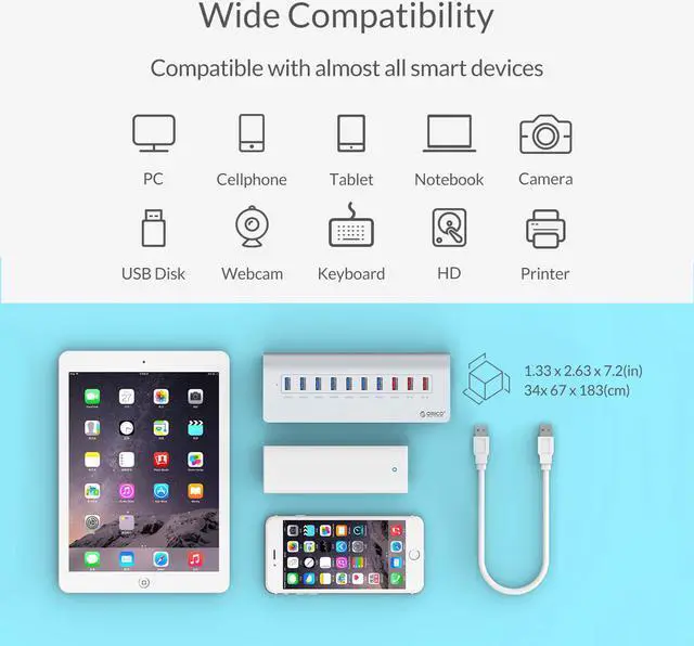 Alt view image 6 of 7 - ORICO Aluminum 10 Port Super Fast Speed USB 3.0 with 7 USB3.0 Ports, 3 USB Charging Ports,36W(12V3A) Hogh Power Adapter 5Gbps Data Transfer Desktop HUB VL812 Chipset for Mac,Windows,XP,Vista and Linux