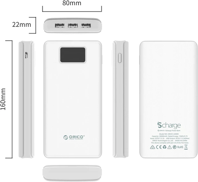 Alt view image 7 of 7 - ORICO 20000 mAh Large Capacity Power Bank 2 USB Battery LED Display Screen Power Bank with USB-A 5V2.4A Charger Battery iPhone, for iPad,Tablet Samsung Mobile Phone