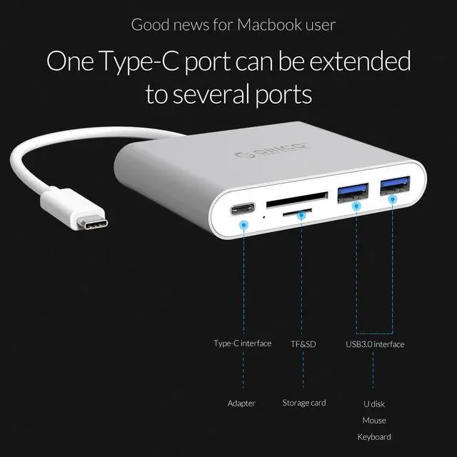 Alt view image 4 of 7 - [5-in-1] ORICO USB-C Type-C Universal Docking Stations with TF SD Card Reader USB3.1 Gen1 with 2 USB3.0 Ports Support OTG Function Power Delivery USB-C Port for MacBook Pro