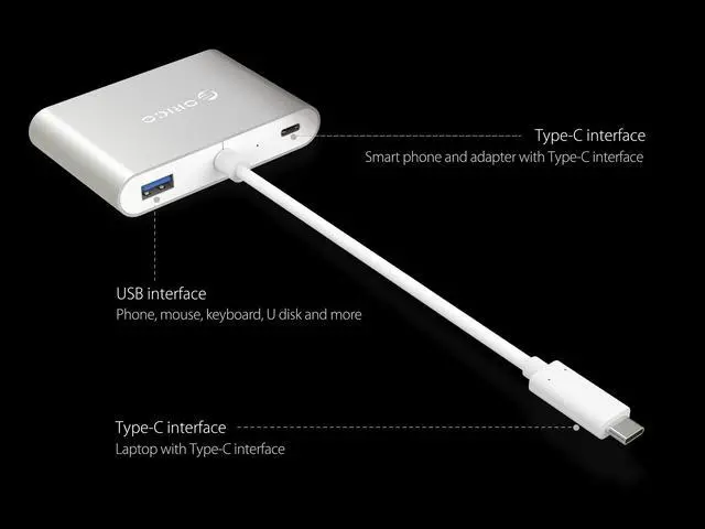 Alt view image 2 of 7 - USB-3.1 Type-C HUB ORICO 5 in 1 USB-C Type-C Multi-Port HUB to VGA USB Type C PD Power Delivery Charging port, 3-USB 3.0 Type-A Ports,for MacBook, Chromebook,PC Laptop