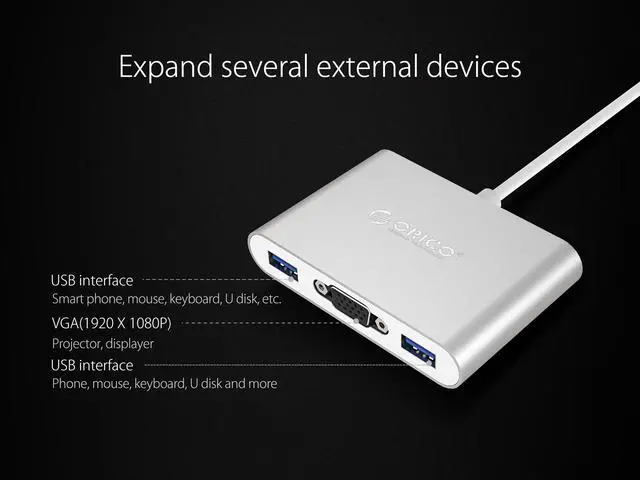 Alt view image 3 of 7 - USB-3.1 Type-C HUB ORICO 5 in 1 USB-C Type-C Multi-Port HUB to VGA USB Type C PD Power Delivery Charging port, 3-USB 3.0 Type-A Ports,for MacBook, Chromebook,PC Laptop