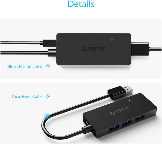 Alt view image 6 of 7 - ORICO 4 Ports USB3.0 HUB Splitter with Reserved Micro B 5V Power Supply Port Support OTG function for Your Smartphone,iPad,Tablet ,iPad, HTC, LG -Black