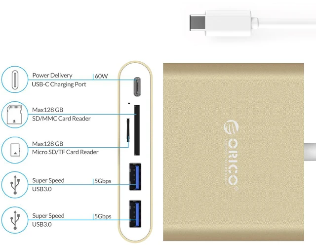 Alt view image 4 of 7 - USB C Hub ORICO Portable USB-3.1 Type-C HUB to 2-USB 3.0 Ports with SD/TF Memory Card Reader Type-C PD Charging Laptop Docking Stations for MacBook/New MacBook Pro/ChromeBook