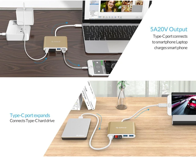Alt view image 2 of 7 - USB C Hub ORICO Portable USB-3.1 Type-C HUB to 2-USB 3.0 Ports with SD/TF Memory Card Reader Type-C PD Charging Laptop Docking Stations for MacBook/New MacBook Pro/ChromeBook