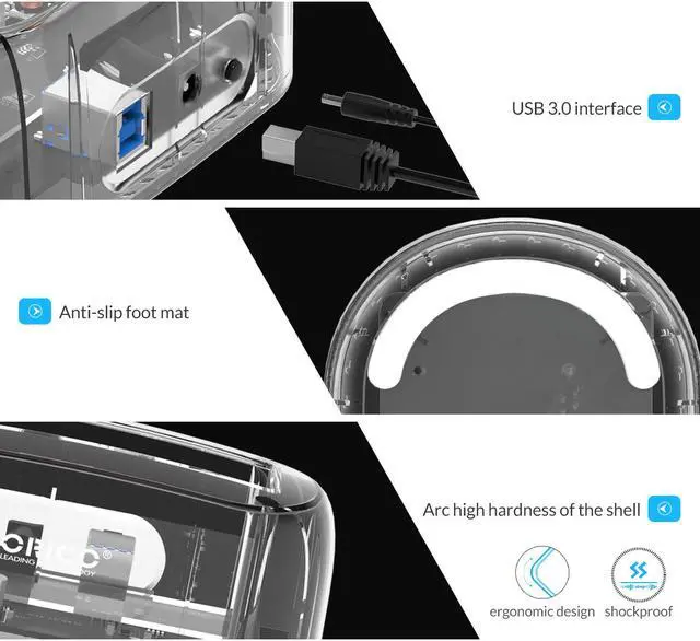 Alt view image 3 of 7 - ORICO  Transparent 3.5 inch External Hard Drive Docking Station for 2.5 3.5 inch SATA Hard Drive Disk  HDD/ SSD Tool Free Support UASP and 18TB Drive Max