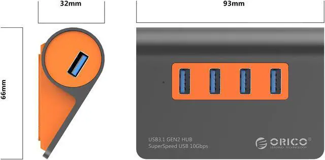Alt view image 7 of 7 - ORICO Powered USB Hub, 4 Ports Powered USB 3.1 Aluminum Data Hub, 10 Gbps SuperSpeed USB Splitter with 12V/2.5A Power Adapter for Desktop PC/Laptop, Phones, and More