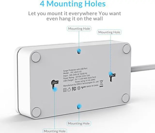 Alt view image 4 of 7 - ORICO Power Strip Surge Protector 4 AC Outlets & 2 Smart USB Charging Ports (5V/2.4A), with a 4.9ft power cord, USB Outlet for Home & Office