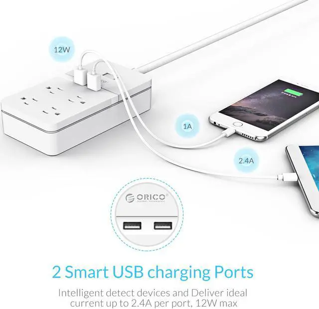 Alt view image 6 of 7 - ORICO Power Strip Surge Protector 4 AC Outlets & 2 Smart USB Charging Ports (5V/2.4A), with a 4.9ft power cord, USB Outlet for Home & Office