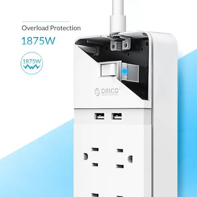 Alt view image 3 of 7 - ORICO Power Strip Surge Protector 4 AC Outlets & 2 Smart USB Charging Ports (5V/2.4A), with a 4.9ft power cord, USB Outlet for Home & Office