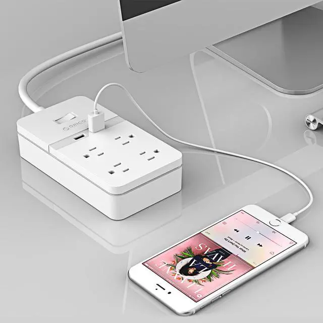 Alt view image 7 of 7 - ORICO Power Strip Surge Protector 4 AC Outlets & 2 Smart USB Charging Ports (5V/2.4A), with a 4.9ft power cord, USB Outlet for Home & Office