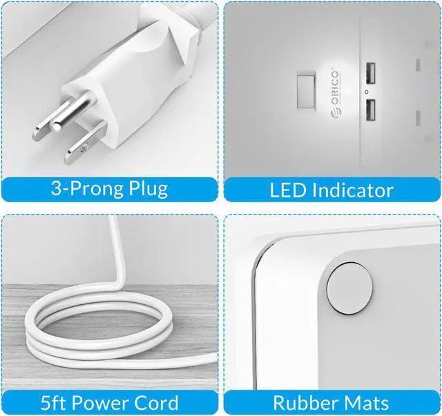 Alt view image 5 of 7 - ORICO Power Strip Surge Protector 4 AC Outlets & 2 Smart USB Charging Ports (5V/2.4A), with a 4.9ft power cord, USB Outlet for Home & Office