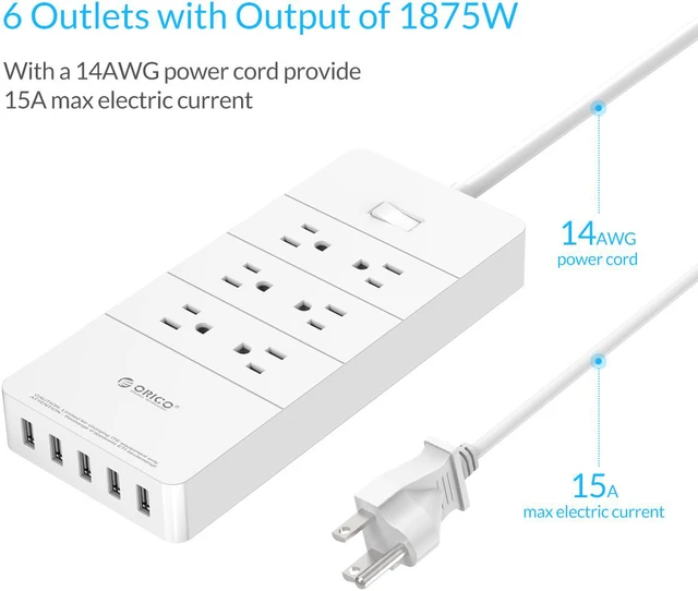 Alt view image 2 of 7 - ORICO 6-Outlet Power Strip Surge Protector 5-Port USB Charging Station Built-in 5ft Cord for Home/Office/Hotel use upport iPhone, iPad, Samsung,Nexus, HTC ETL/FCC Listed (HPC-6A5U-US) -
