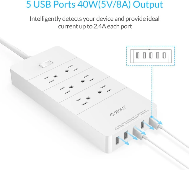 Alt view image 4 of 7 - ORICO 6-Outlet Power Strip Surge Protector 5-Port USB Charging Station Built-in 5ft Cord for Home/Office/Hotel use upport iPhone, iPad, Samsung,Nexus, HTC ETL/FCC Listed (HPC-6A5U-US) -