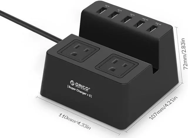 Alt view image 7 of 7 - ORICO  5* USB Super Charger 2 * AC Outlet Power Strip Surge Protector Iphone Stander with 5 Feet Cord (3 x 5V1A,2 x 5V2.4A) 40W for iPhone /iPad/LG/Samsung/HTC and More - Black (ODC-2A5U)