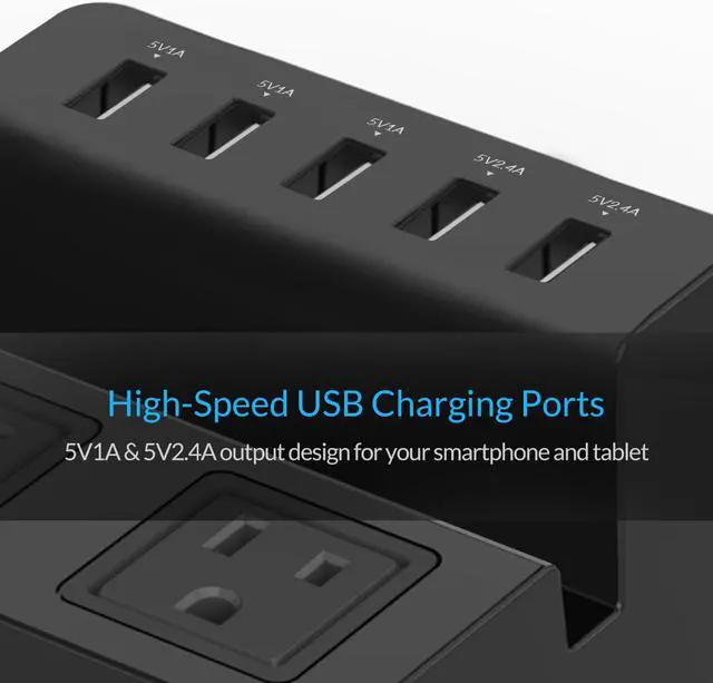 Alt view image 3 of 7 - ORICO  5* USB Super Charger 2 * AC Outlet Power Strip Surge Protector Iphone Stander with 5 Feet Cord (3 x 5V1A,2 x 5V2.4A) 40W for iPhone /iPad/LG/Samsung/HTC and More - Black (ODC-2A5U)