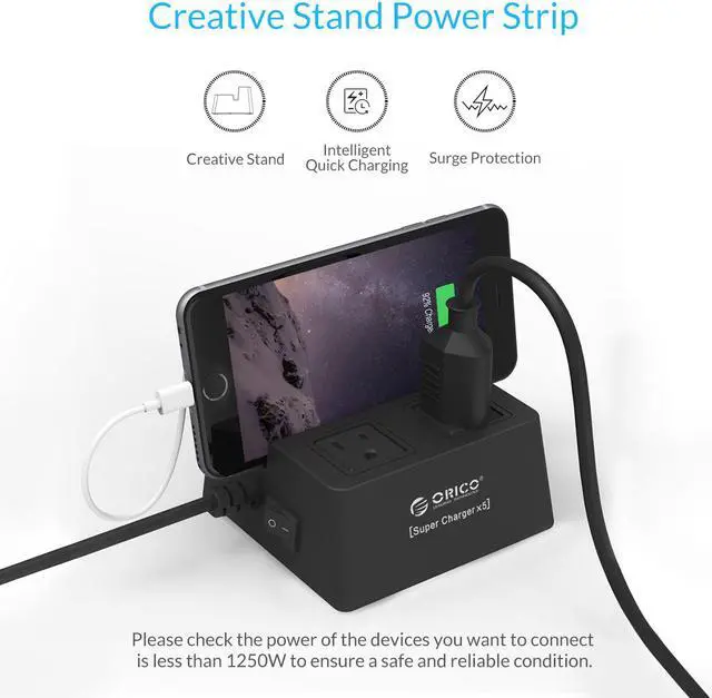 Alt view image 4 of 7 - ORICO  5* USB Super Charger 2 * AC Outlet Power Strip Surge Protector Iphone Stander with 5 Feet Cord (3 x 5V1A,2 x 5V2.4A) 40W for iPhone /iPad/LG/Samsung/HTC and More - Black (ODC-2A5U)