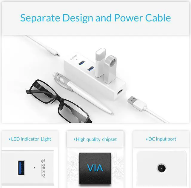 Alt view image 4 of 7 - ORICO 4 Port Portable Super Speed USB 3.0 Hub Built-in 3ft USB 3.0 Cable for Ultra Book, Macbook Air, Windows 8 Tablet Pc -White ( H4013-U3 )