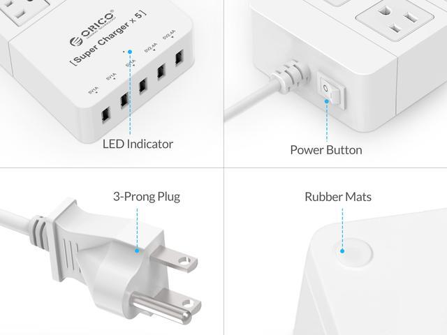 Alt view image 4 of 7 - ORICO 4 Outlet Power Strip  with 5 USB Charging Ports 5ft 1700 joule for iPhone /iPad/LG/Samsung/HTC and More SurgeArrest Home / Office  - White ( HPC-4A5U)