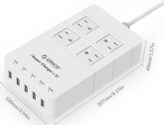 Alt view image 5 of 7 - ORICO 4 Outlet Power Strip  with 5 USB Charging Ports 5ft 1700 joule for iPhone /iPad/LG/Samsung/HTC and More SurgeArrest Home / Office  - White ( HPC-4A5U)