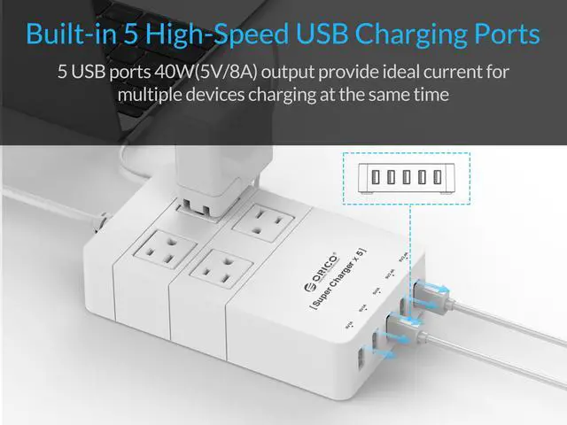 Alt view image 2 of 7 - ORICO 4 Outlet Power Strip  with 5 USB Charging Ports 5ft 1700 joule for iPhone /iPad/LG/Samsung/HTC and More SurgeArrest Home / Office  - White ( HPC-4A5U)