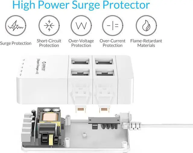 Alt view image 3 of 7 - ORICO 4 Outlet Power Strip  with 5 USB Charging Ports 5ft 1700 joule for iPhone /iPad/LG/Samsung/HTC and More SurgeArrest Home / Office  - White ( HPC-4A5U)