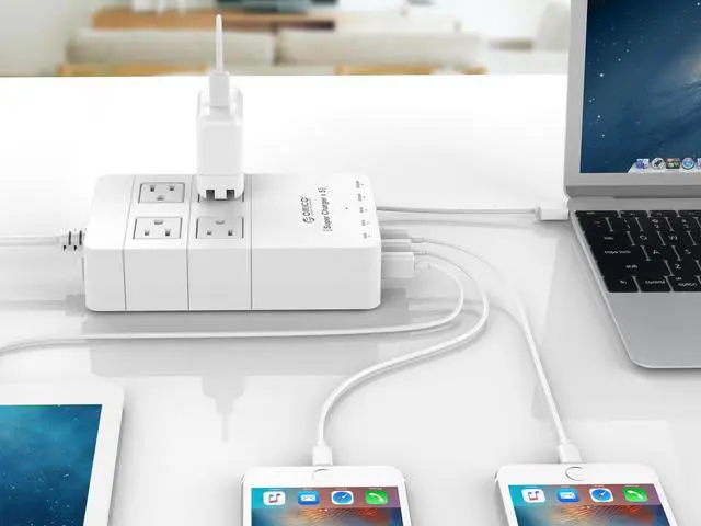 Alt view image 7 of 7 - ORICO 4 Outlet Power Strip  with 5 USB Charging Ports 5ft 1700 joule for iPhone /iPad/LG/Samsung/HTC and More SurgeArrest Home / Office  - White ( HPC-4A5U)