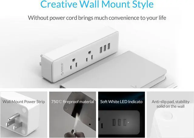 Alt view image 5 of 7 - ORICO MNP-2A3U Smart USB Power Strip - Compact & Portable3-Port USB +2-New Standard AC Outlets, Durable Heat-Resistant Material, Safe, Energy-Saving, Stylish, Lightweight Design for On-the-Go Use