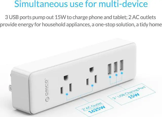Alt view image 2 of 7 - ORICO MNP-2A3U Smart USB Power Strip - Compact & Portable3-Port USB +2-New Standard AC Outlets, Durable Heat-Resistant Material, Safe, Energy-Saving, Stylish, Lightweight Design for On-the-Go Use
