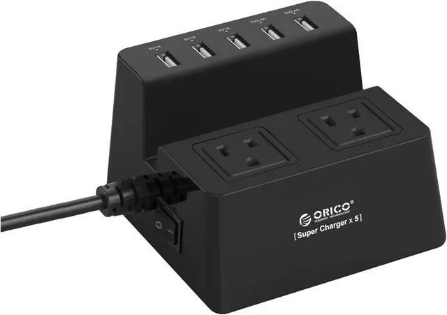 Main image of ORICO  5* USB Super Charger 2 * AC Outlet Power Strip Surge Protector Iphone Stander with 5 Feet Cord (3 x 5V1A,2 x 5V2.4A) 40W for iPhone /iPad/LG/Samsung/HTC and More - Black (ODC-2A5U)