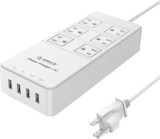 Alt view image 7 of 13 - ORICO 6 Outlet Power Strip with Surge Protector, Built-in 5 Ft. Cord, 4 USB Intelligence Charging Ports (2*5V2.4A + 2*5V1A) for iPhone, iPad, Galaxy S6 / S6 Edge, Nexus and More - White (TPC-6A4U-WH)