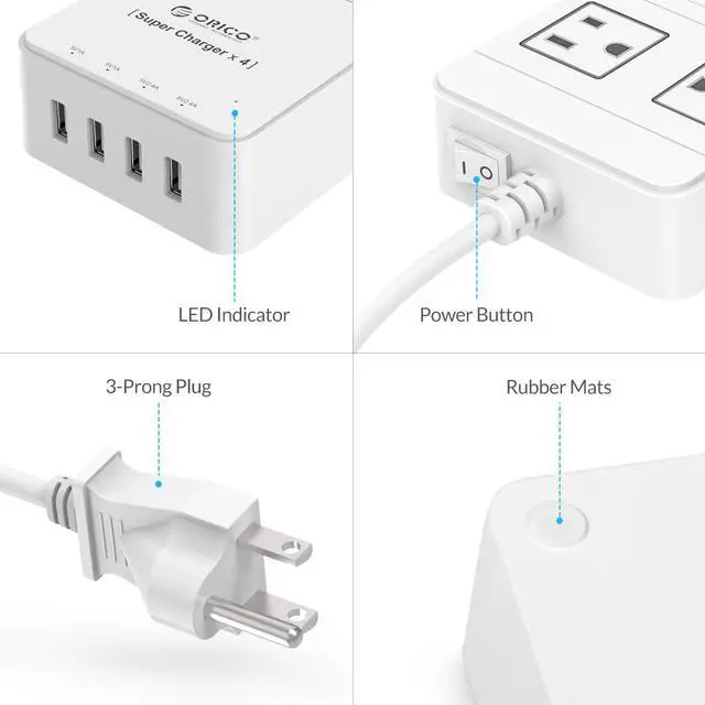 Alt view image 8 of 13 - ORICO 6 Outlet Power Strip with Surge Protector, Built-in 5 Ft. Cord, 4 USB Intelligence Charging Ports (2*5V2.4A + 2*5V1A) for iPhone, iPad, Galaxy S6 / S6 Edge, Nexus and More - White (TPC-6A4U-WH)