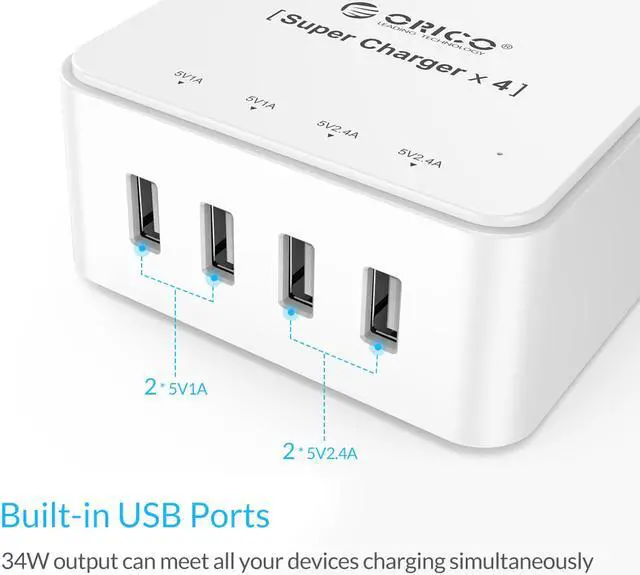 Alt view image 9 of 13 - ORICO 6 Outlet Power Strip with Surge Protector, Built-in 5 Ft. Cord, 4 USB Intelligence Charging Ports (2*5V2.4A + 2*5V1A) for iPhone, iPad, Galaxy S6 / S6 Edge, Nexus and More - White (TPC-6A4U-WH)