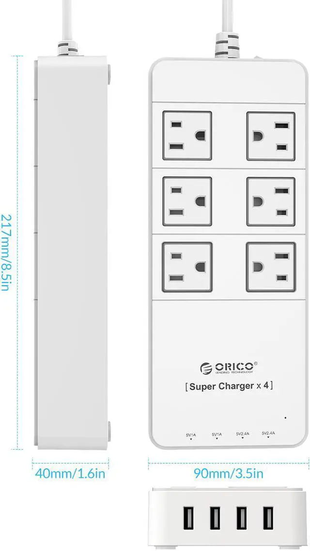 Alt view image 11 of 13 - ORICO 6 Outlet Power Strip with Surge Protector, Built-in 5 Ft. Cord, 4 USB Intelligence Charging Ports (2*5V2.4A + 2*5V1A) for iPhone, iPad, Galaxy S6 / S6 Edge, Nexus and More - White (TPC-6A4U-WH)
