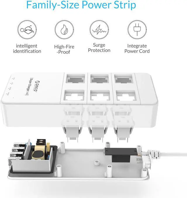 Alt view image 10 of 13 - ORICO 6 Outlet Power Strip with Surge Protector, Built-in 5 Ft. Cord, 4 USB Intelligence Charging Ports (2*5V2.4A + 2*5V1A) for iPhone, iPad, Galaxy S6 / S6 Edge, Nexus and More - White (TPC-6A4U-WH)