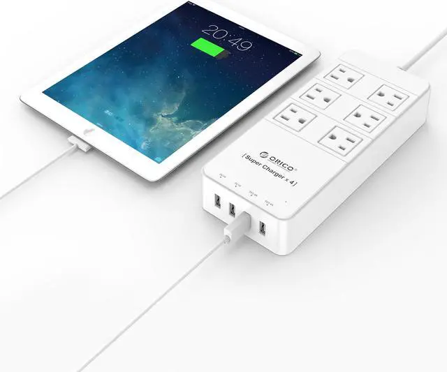 Alt view image 12 of 13 - ORICO 6 Outlet Power Strip with Surge Protector, Built-in 5 Ft. Cord, 4 USB Intelligence Charging Ports (2*5V2.4A + 2*5V1A) for iPhone, iPad, Galaxy S6 / S6 Edge, Nexus and More - White (TPC-6A4U-WH)