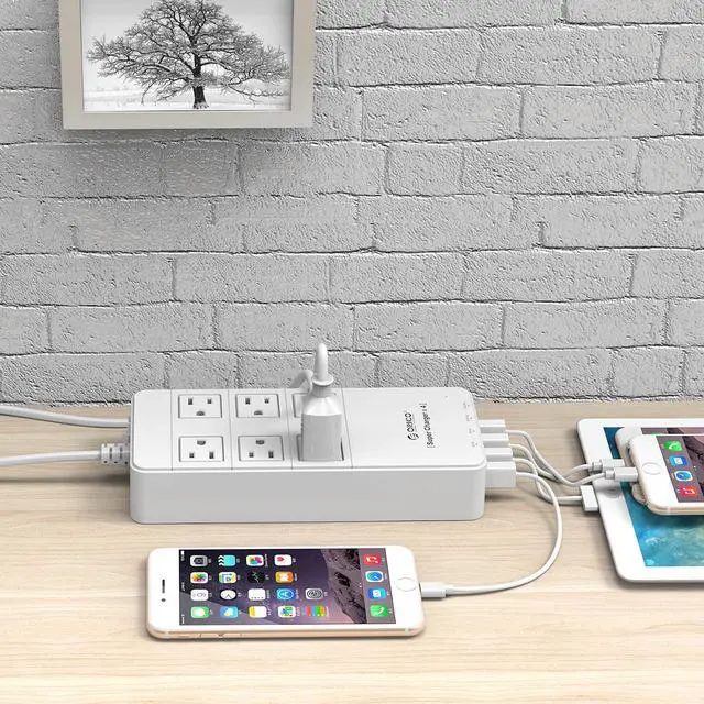 Alt view image 13 of 13 - ORICO 6 Outlet Power Strip with Surge Protector, Built-in 5 Ft. Cord, 4 USB Intelligence Charging Ports (2*5V2.4A + 2*5V1A) for iPhone, iPad, Galaxy S6 / S6 Edge, Nexus and More - White (TPC-6A4U-WH)