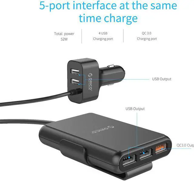 Alt view image 3 of 7 - ORICO Portable 5 Ports QC3.0 USB Car Charger Universal USB Fast Adapter 52W USB Car Charger with Expander For MPV Car Mobile Phones Tablet PC 12V24V Available