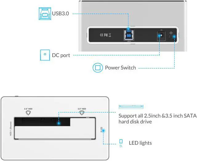 Alt view image 2 of 7 - ORICO SuperSpeed USB3.0 & eSATA to SATA External Hard Drive Docking Station for 2.5" & 3.5" HDD, SSD Enclosure 12V2.5A Power Adapter and eSATA Data Cable Included [Support 8TB] - Black (6619SUS3-BK)