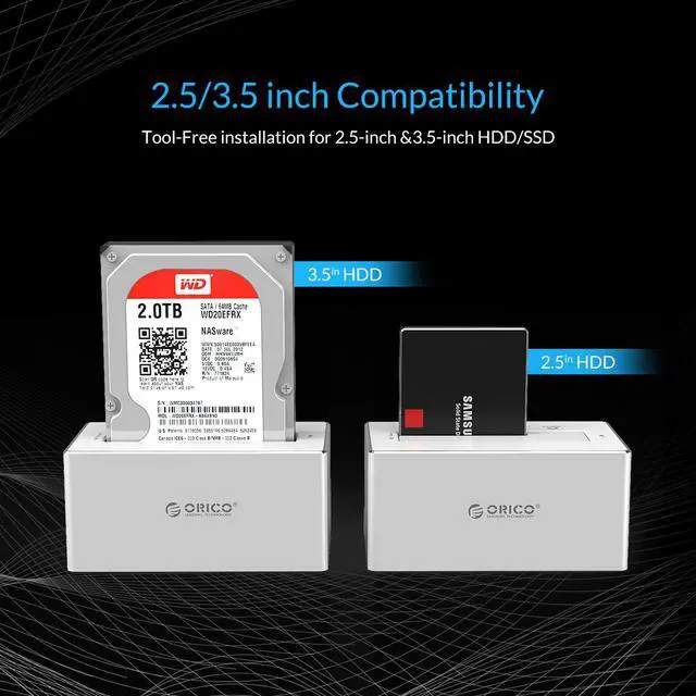 Alt view image 5 of 7 - ORICO SuperSpeed USB3.0 & eSATA to SATA External Hard Drive Docking Station for 2.5" & 3.5" HDD, SSD Enclosure 12V2.5A Power Adapter and eSATA Data Cable Included [Support 8TB] - Black (6619SUS3-BK)