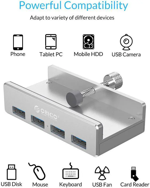 Alt view image 3 of 10 - ORICO USB 3.0 Hub Clamp Adapter, Aluminum 4-Port USB Splitter with Extra Power Supply Port and 4.92 FT USB Data Cable, Ultra-Portable USB Expander for 2021 iMac/Laptop/PC