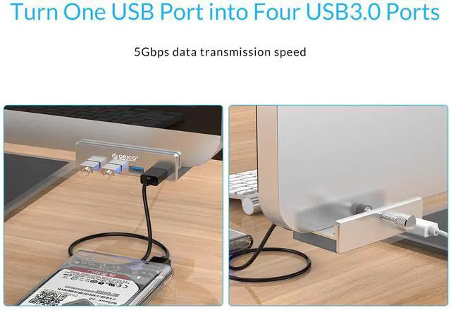 Alt view image 4 of 10 - ORICO USB 3.0 Hub Clamp Adapter, Aluminum 4-Port USB Splitter with Extra Power Supply Port and 4.92 FT USB Data Cable, Ultra-Portable USB Expander for 2021 iMac/Laptop/PC
