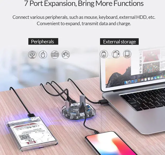 Alt view image 5 of 7 - ORICO Creative Transparent HUB 7 Ports USB3.0 Super Speed with External Power Supply Ports Support OTG Function USB Cable Optimised  for PC Windows Linux Mac OS 3.3ft