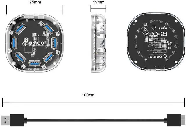 Alt view image 7 of 7 - ORICO Creative Transparent HUB 7 Ports USB3.0 Super Speed with External Power Supply Ports Support OTG Function USB Cable Optimised  for PC Windows Linux Mac OS 3.3ft