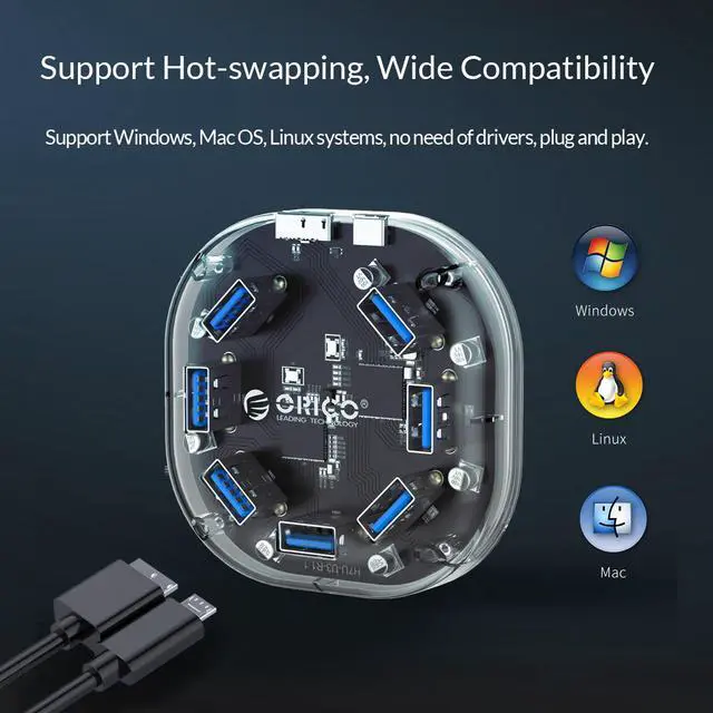 Alt view image 2 of 7 - ORICO Creative Transparent HUB 7 Ports USB3.0 Super Speed with External Power Supply Ports Support OTG Function USB Cable Optimised  for PC Windows Linux Mac OS 3.3ft
