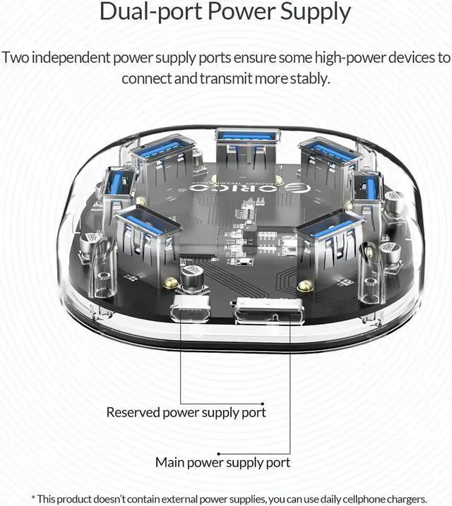 Alt view image 3 of 7 - ORICO Creative Transparent HUB 7 Ports USB3.0 Super Speed with External Power Supply Ports Support OTG Function USB Cable Optimised  for PC Windows Linux Mac OS 3.3ft