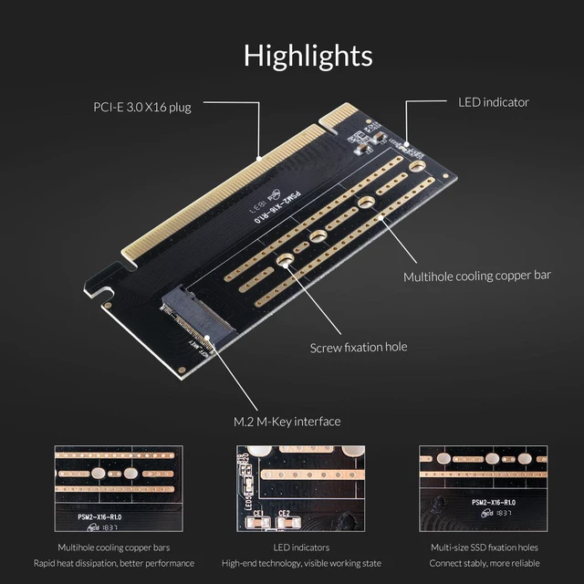 Alt view image 6 of 7 - ORICO M.2 NVME to PCI-E Adapter, M2 SSD to PCI-e 3.0 x16 Host Controller Expansion Card with Low Profile Bracket, Support M Key Solid State Drive