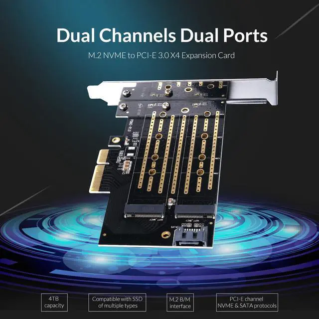 Alt view image 3 of 6 - ORICO M.2 PCIe Adapter NVMe & SATA Dual Protocol, M2 NVMe SSD to PCI-e 3.0 x4 Host NVMe & SATA Protocol Controller Expansion Card (B KEY+M KEY)